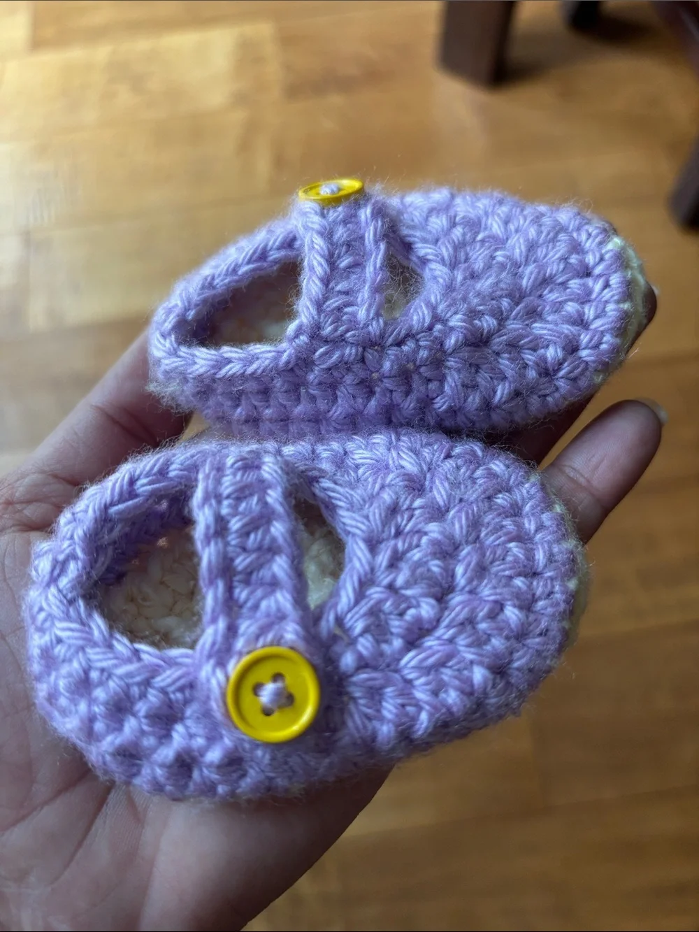 Handmade Lavender Crochet Baby Mary Jane Booties with Yellow Button